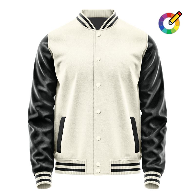 Cream & Black Leather Varsity Jacket JG03170317