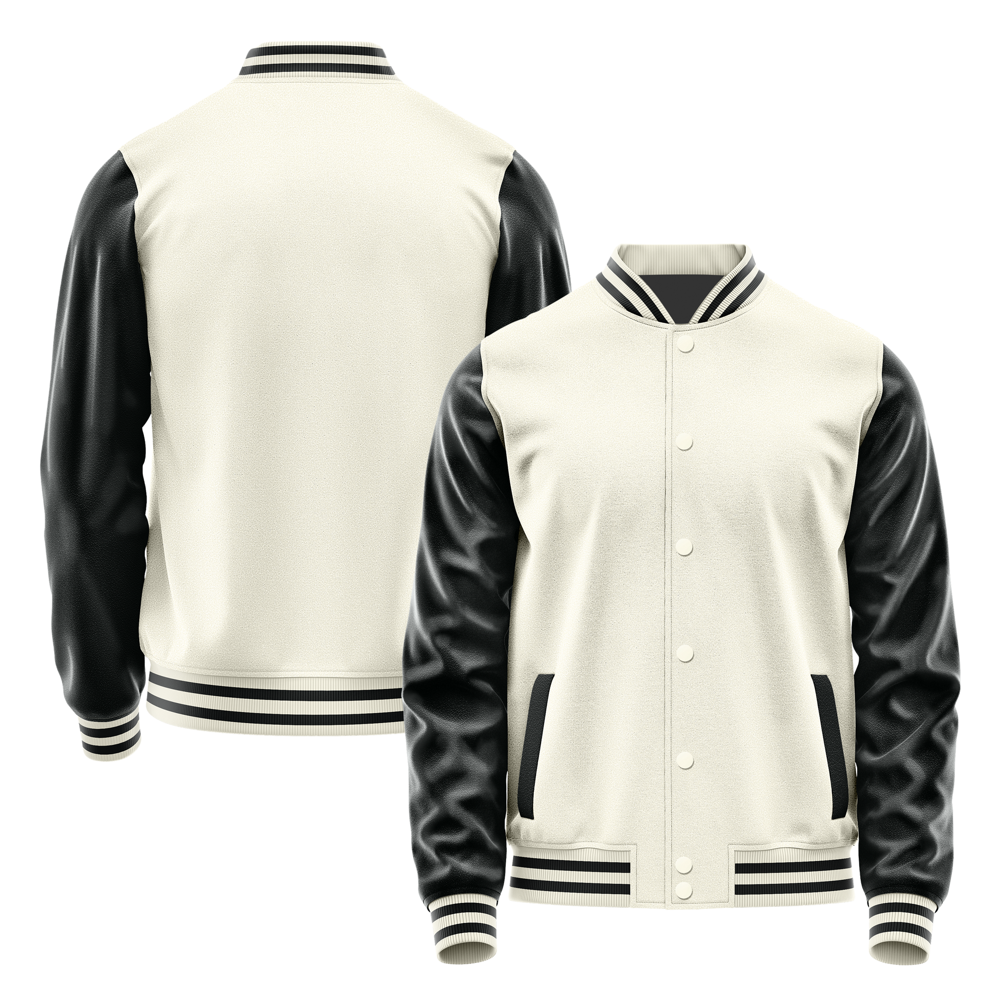 Cream & Black Leather Varsity Jacket JG03170317