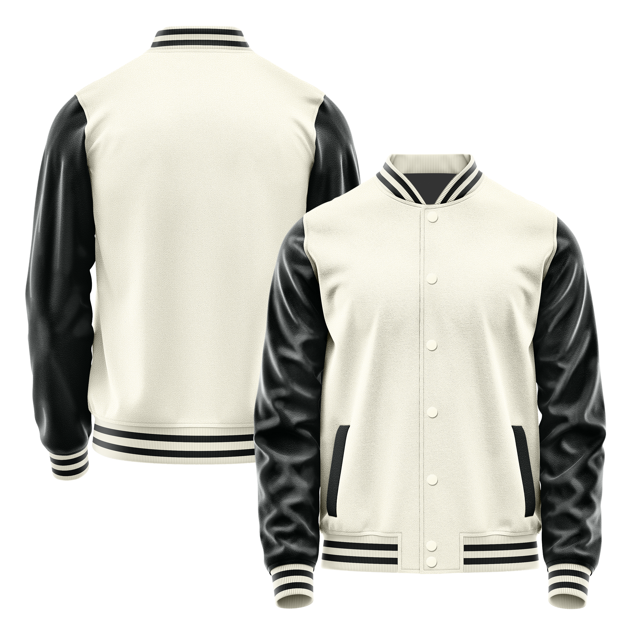 Cream & Black Leather Varsity Jacket JG03170317