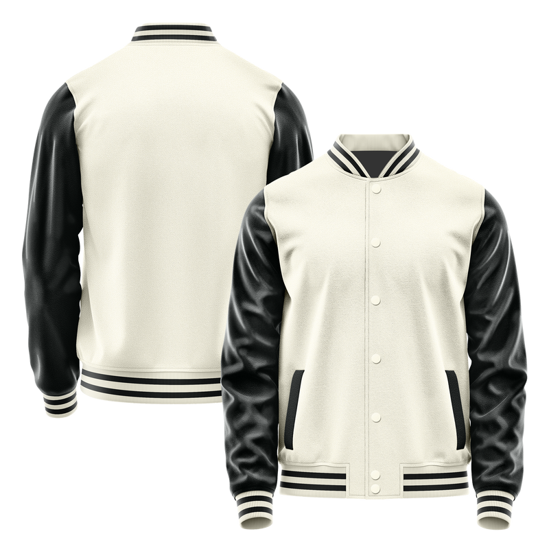 Cream & Black Leather Varsity Jacket JG03170317