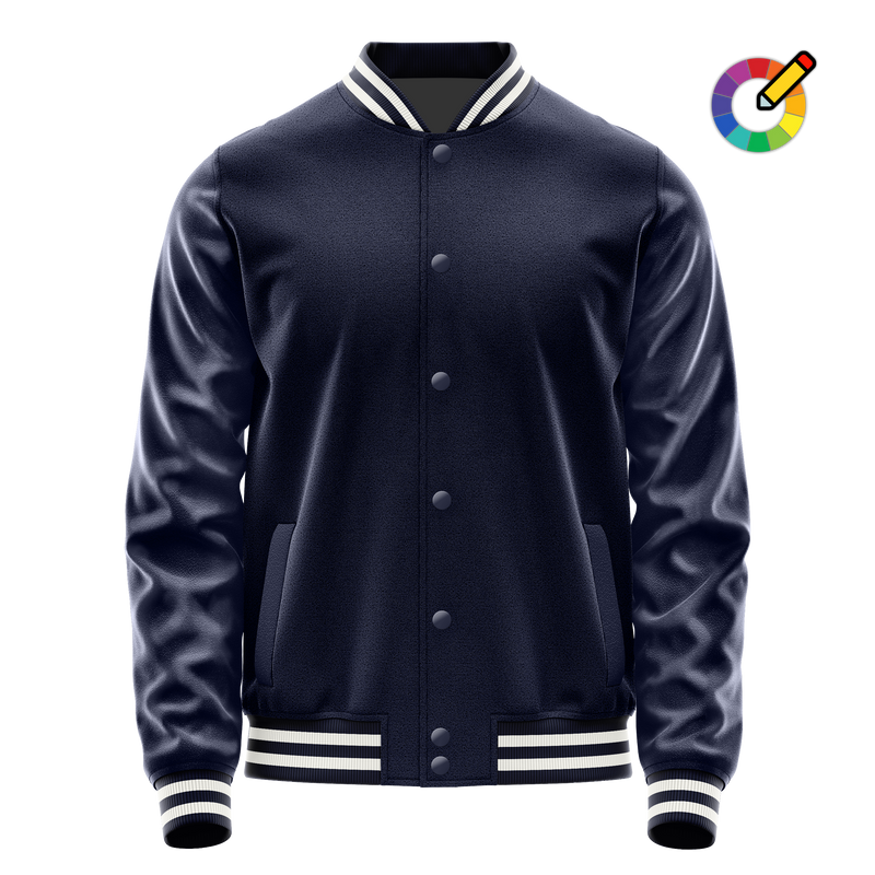 Navy & Navy Leather Varsity Jacket JG11111118