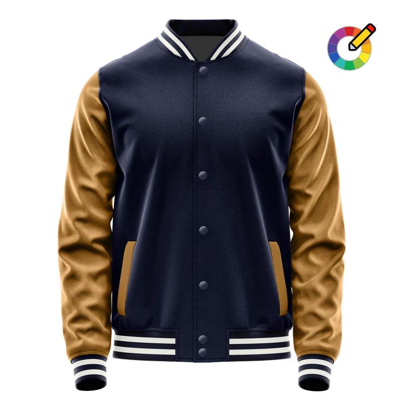 Navy & Khaki Leather Varsity Jacket JG11221118