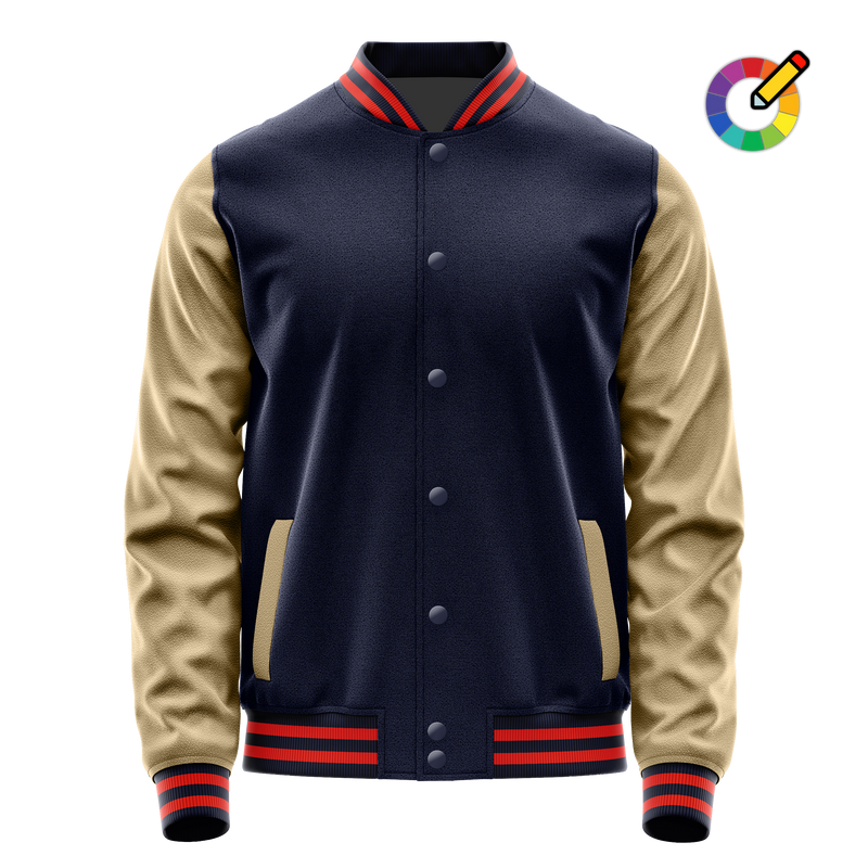 Navy & Light Khaki Leather Varsity Jacket JG11251112