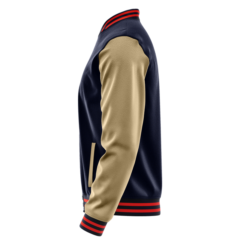 Navy & Light Khaki Leather Varsity Jacket JG11251112