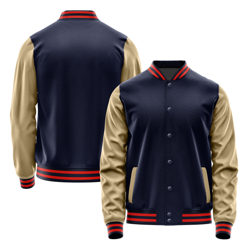 Navy & Light Khaki Leather Varsity Jacket JG11251112