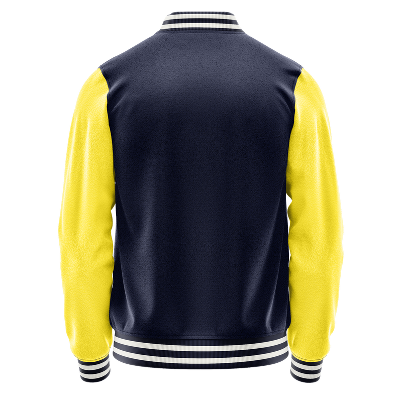 Navy & Light Yellow Leather Varsity Jacket JG11261118