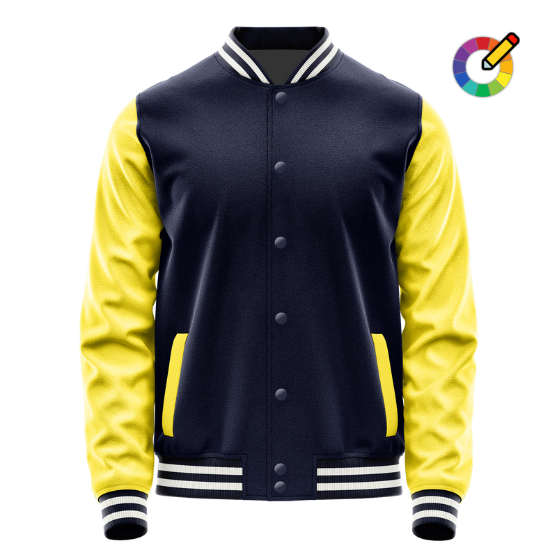 Navy & Light Yellow Leather Varsity Jacket JG11261118