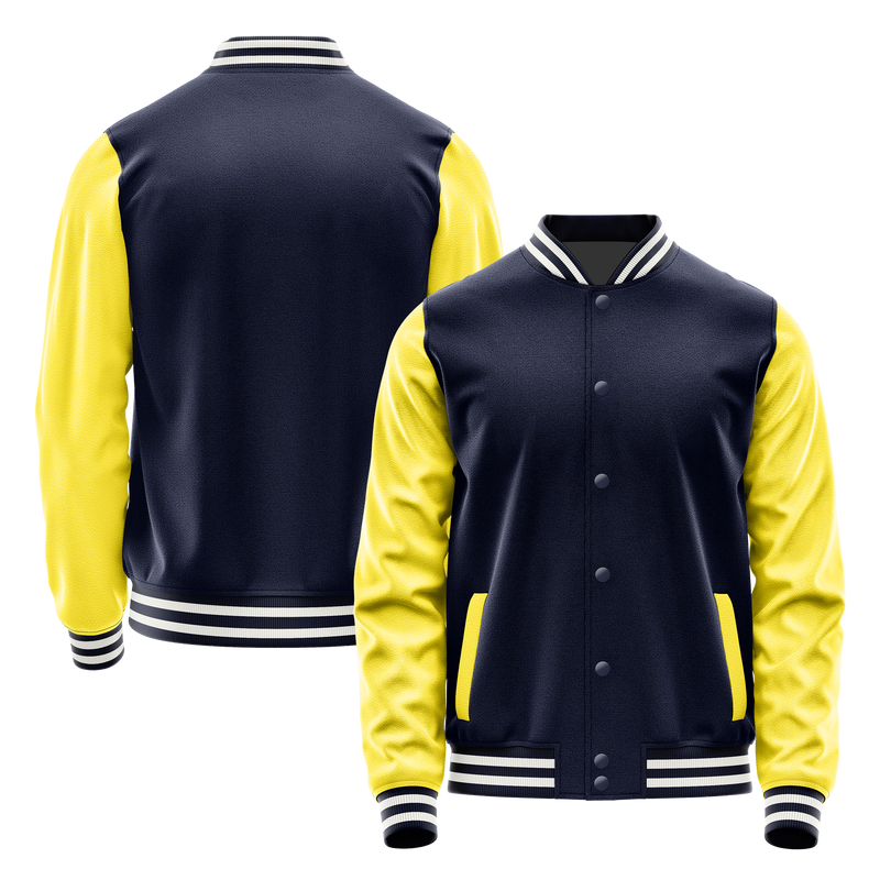 Navy & Light Yellow Leather Varsity Jacket JG11261118