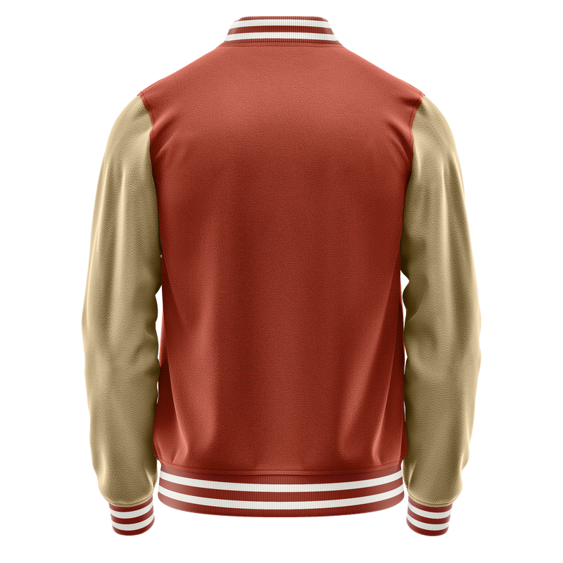 Coral Red & Light Khaki Leather Varsity Jacket JG16251618