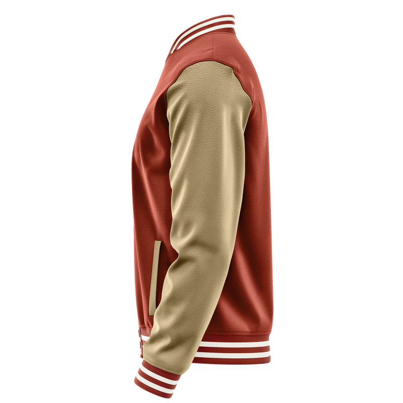 Coral Red & Light Khaki Leather Varsity Jacket JG16251618