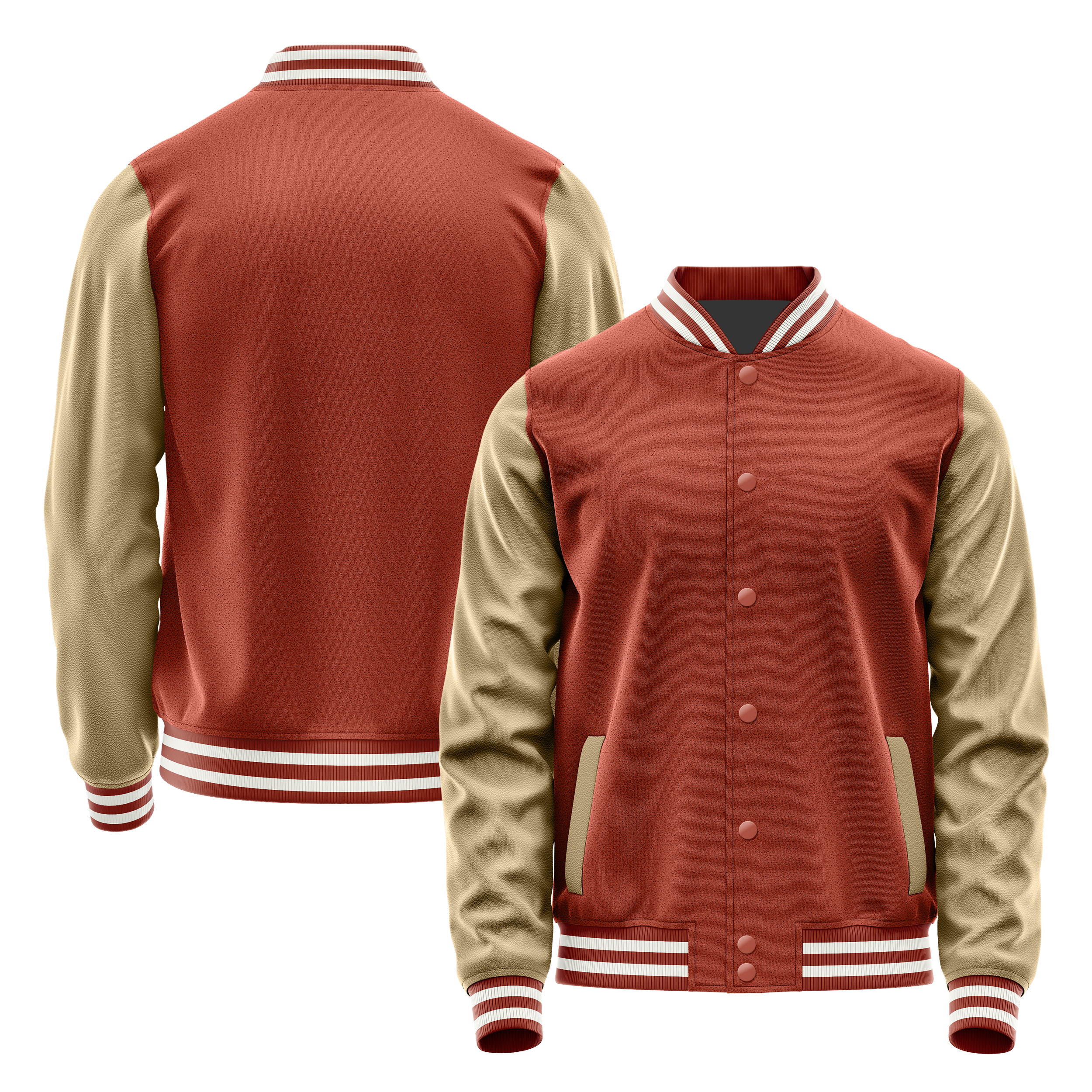 Coral Red & Light Khaki Leather Varsity Jacket JG16251618