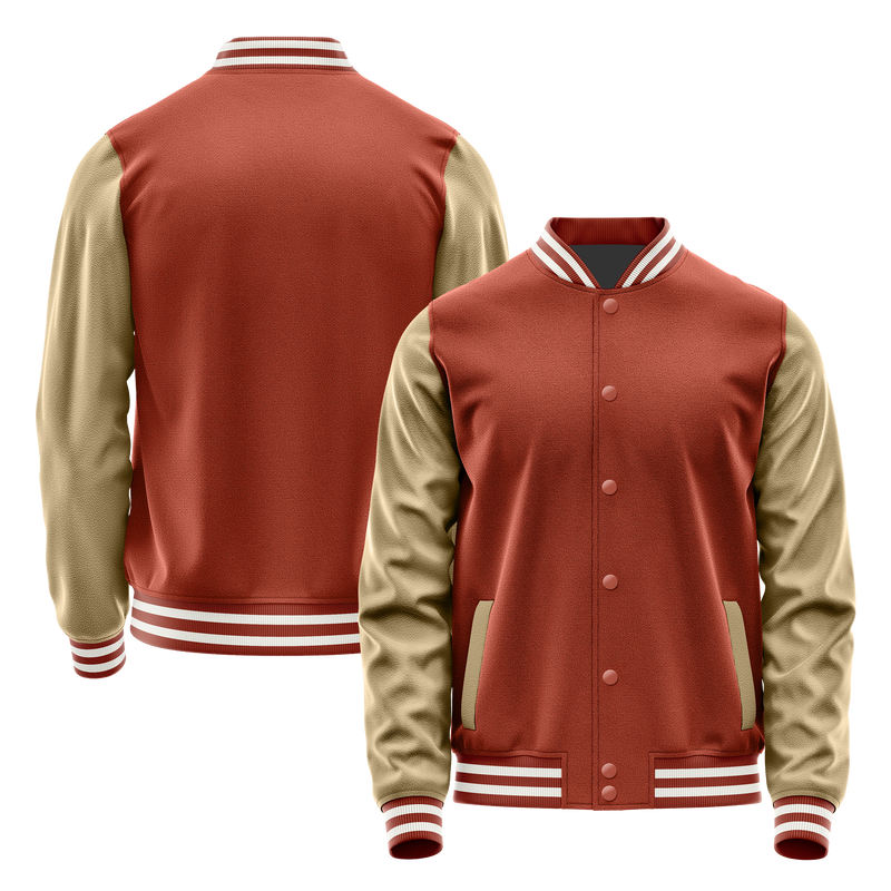 Coral Red & Light Khaki Leather Varsity Jacket JG16251618