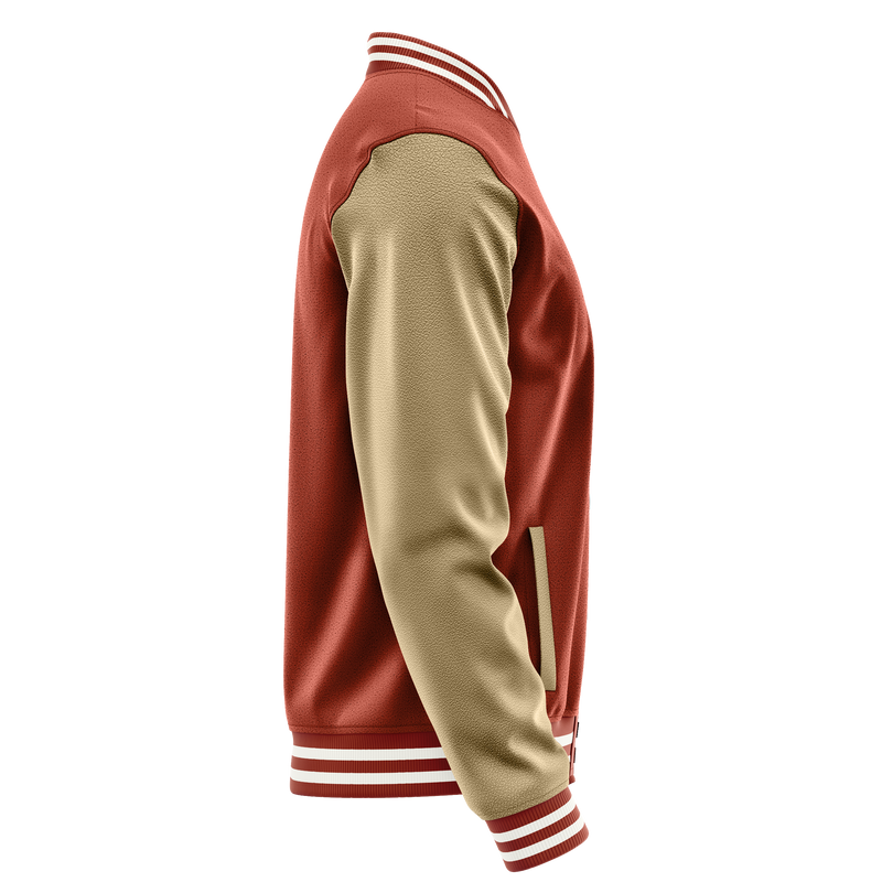 Coral Red & Light Khaki Leather Varsity Jacket JG16251618