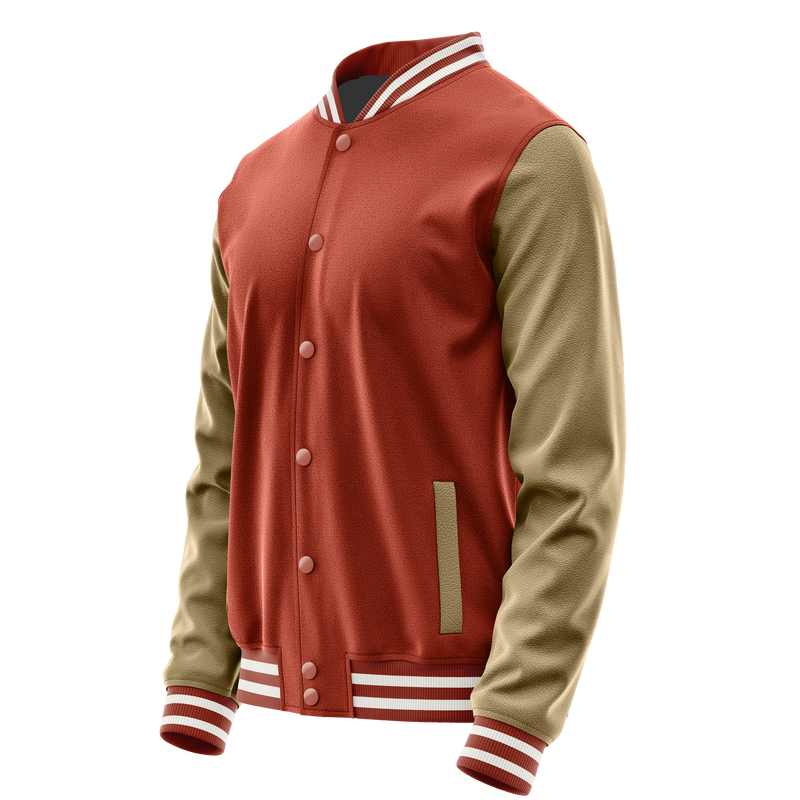 Coral Red & Light Khaki Leather Varsity Jacket JG16251618