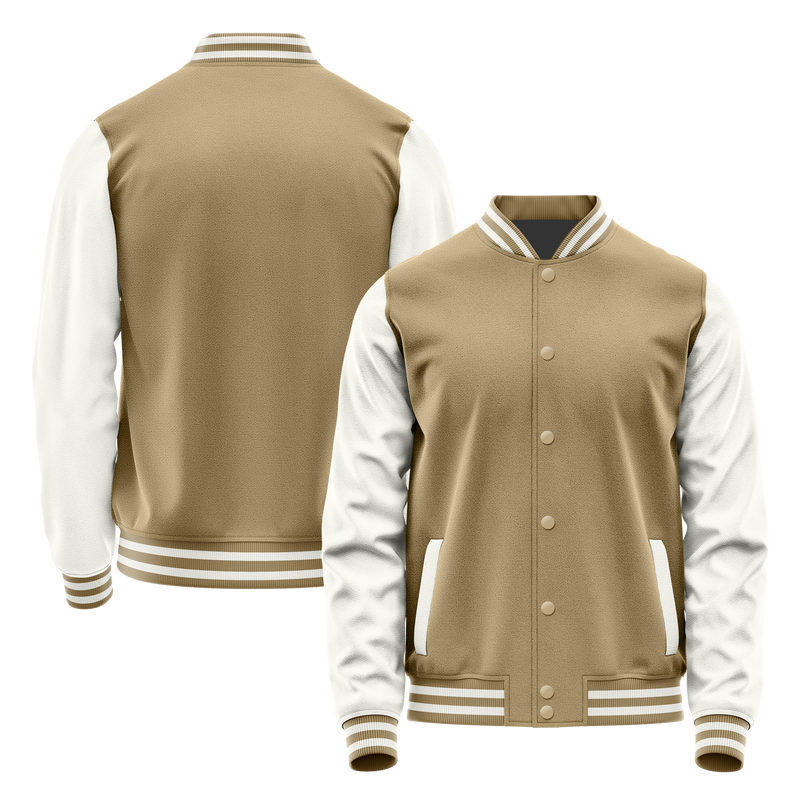 Light Khaki & White Leather Varsity Jacket JG25182518